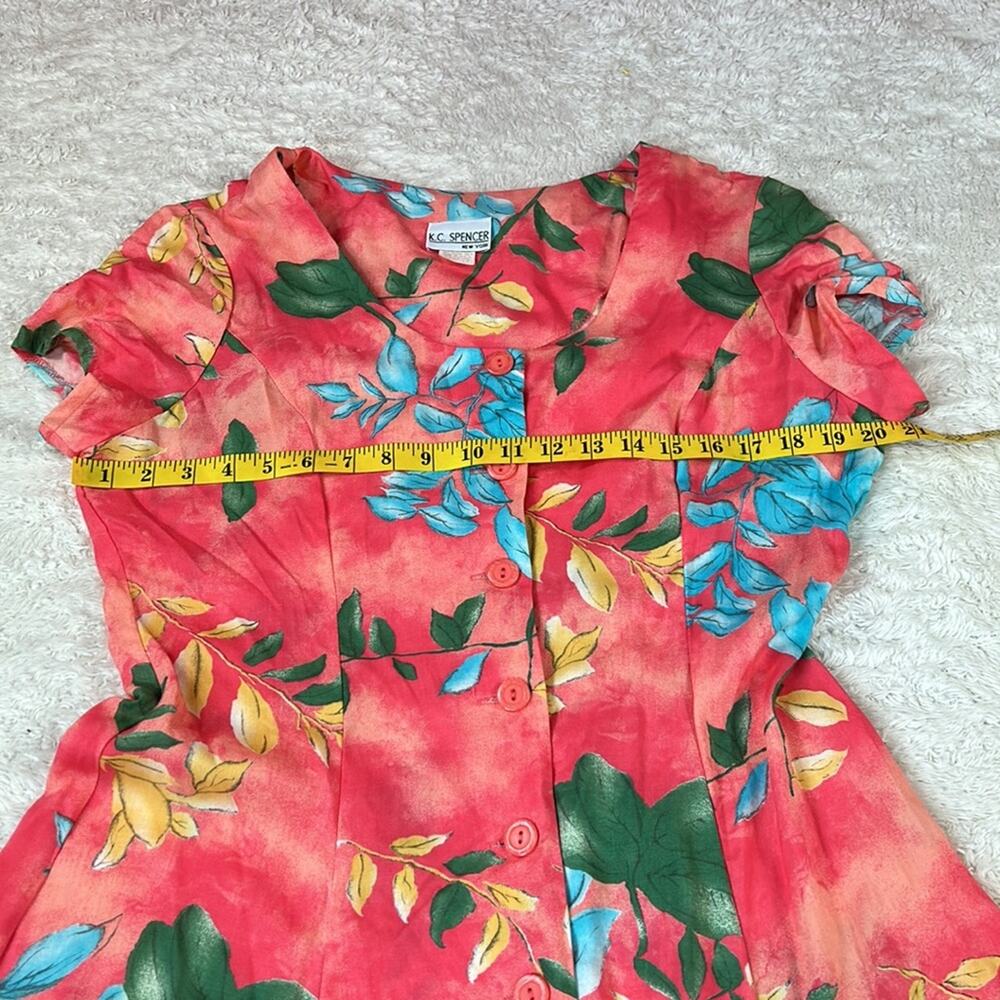 Vintage Coral Floral Midi Dress with Blue and Green Flower Print - Picture 5 of 8